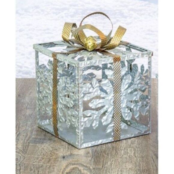 Large Metal Christmas Snowflake Gift Box Present Big Bow & Jingle Bells - Picture 4 of 7